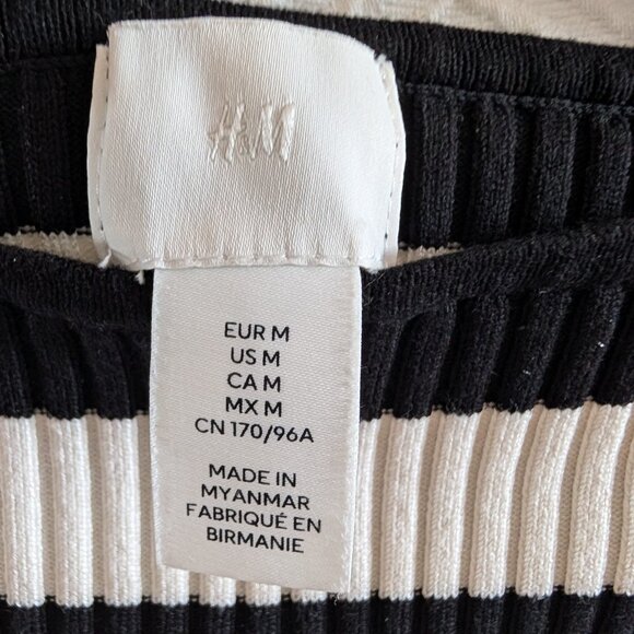 H&M Rib Knit Cropped Boat Neck Top Black and cream/off-white stripes Size Medium - Picture 2 of 7